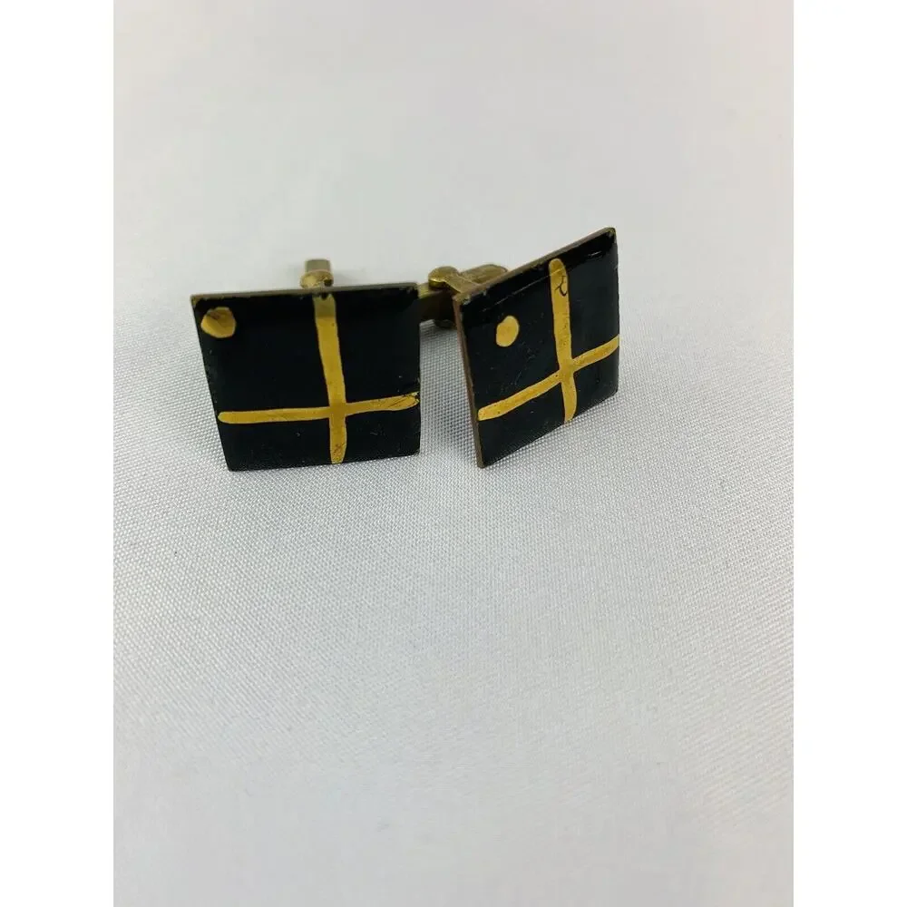 Vintage Men's Enameled Goldtone and Black Square Cufflinks Artsy Retro Toggle